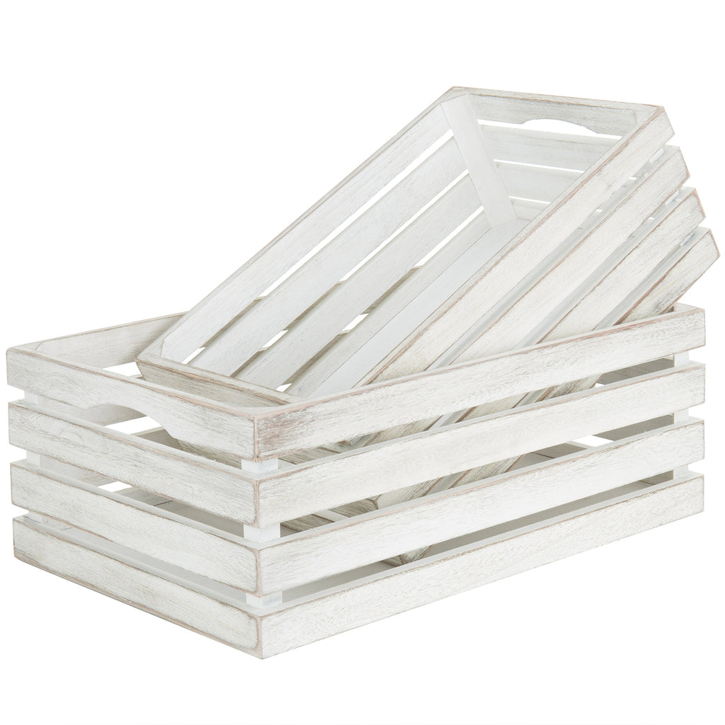 16 and 14 Inch Shabby White Washed Solid Wood Nesting Decorative Storage Crates, Vintage Farmhouse Wooden Stackable
