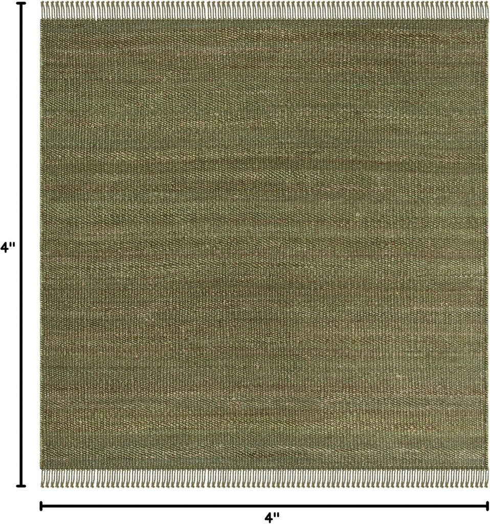 Natural Fiber Collection Area Rug - 4' Square, Green, Handmade Boho Fringe Woven Jute, Ideal for High Traffic Areas