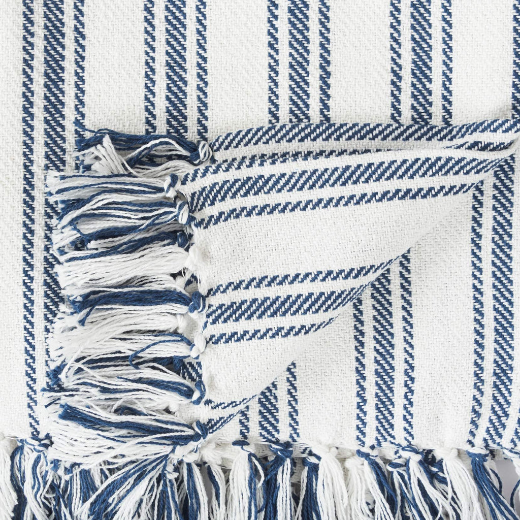Ticking Stripe Navy Blue & White Cotton Throw Blanket 50" x 60"