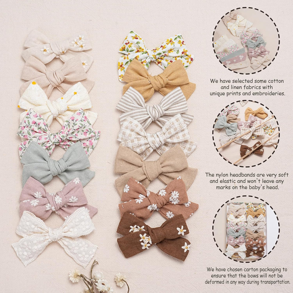Baby Girl Bows and Headbands,14 pcs Stretchy Soft Nylon Hairbands Hair Bows for Newborns, Infants, Toddlers