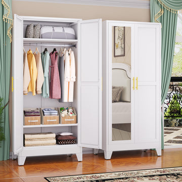 Metal Wardrobe Cabinet with Mirror and Hanging Rod, 71" White
