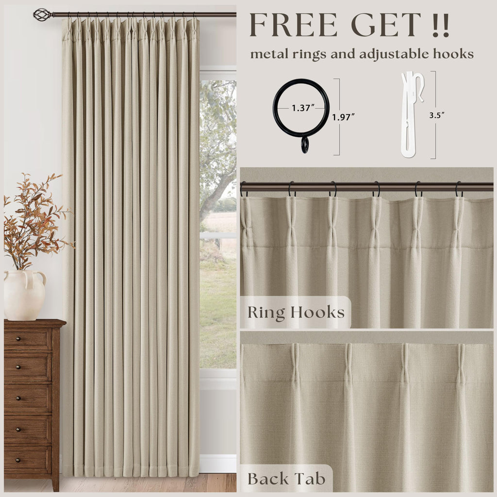 Oatmeal Linen Pinch Pleated Blackout Curtains 96 Inches Long 2 Panels Set