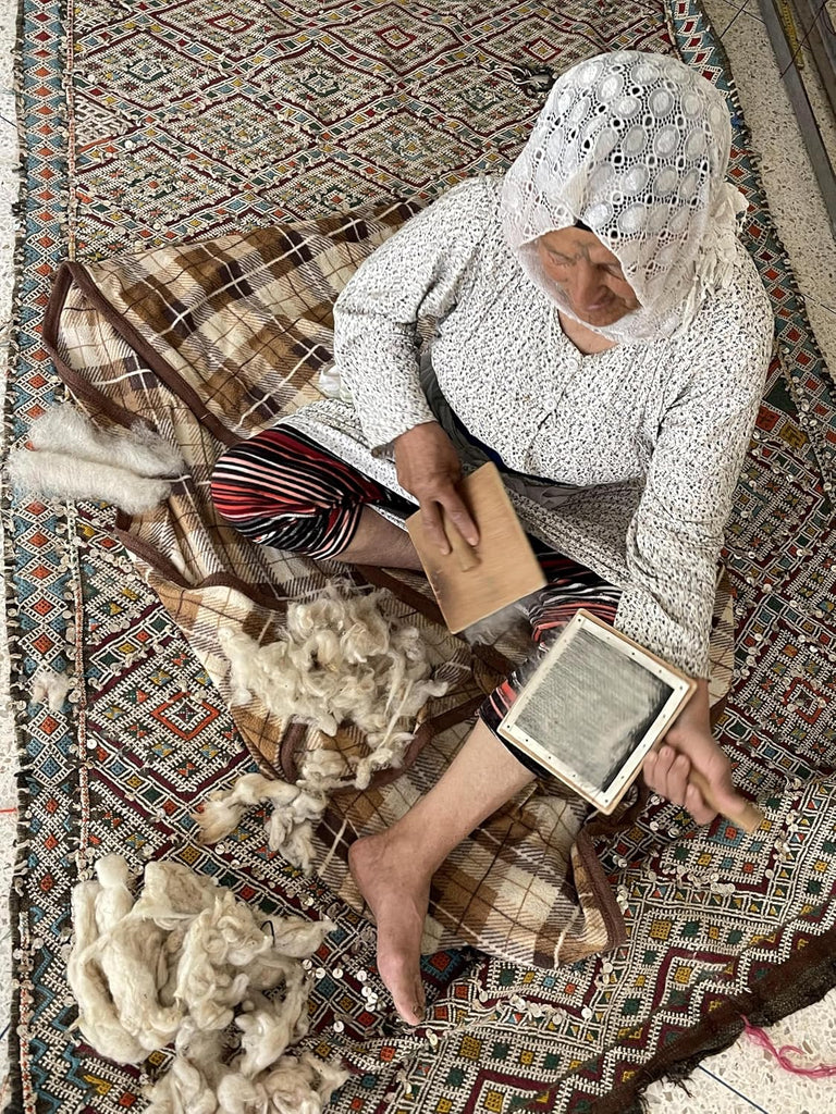 Handmade Moroccan Berber Area Rug 6' x 9', 100% Wool High Pile Shag, Beni Ourain Style, Ivory/Cream with Charcoal
