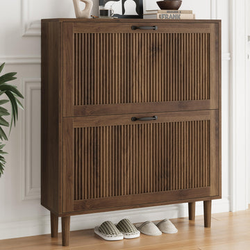 Walnut Shoe Cabinet with 2 Flip Drawers, 31.5" Hidden Shoe Storage Cabinet with Small Fluted Doors, Freestanding Shoe