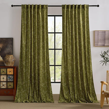Cottage Olive Green Velvet Curtains 84 Inch, 2 Panels