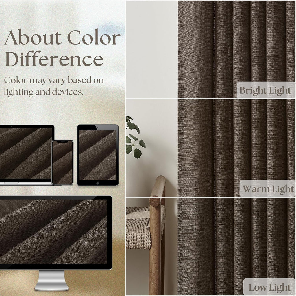 Dark Chocolate Pinch Pleated Linen Curtains 2 Panels for Living Room Bedroom Memory Training Shaped Semi Sheer Pleat