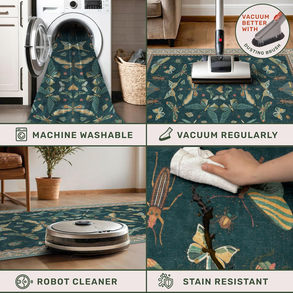 Teal 3x5 Entryway Rug - Door Rug Indoor for Large Kitchen, Living Room, Washable Low Pile Insect Déc