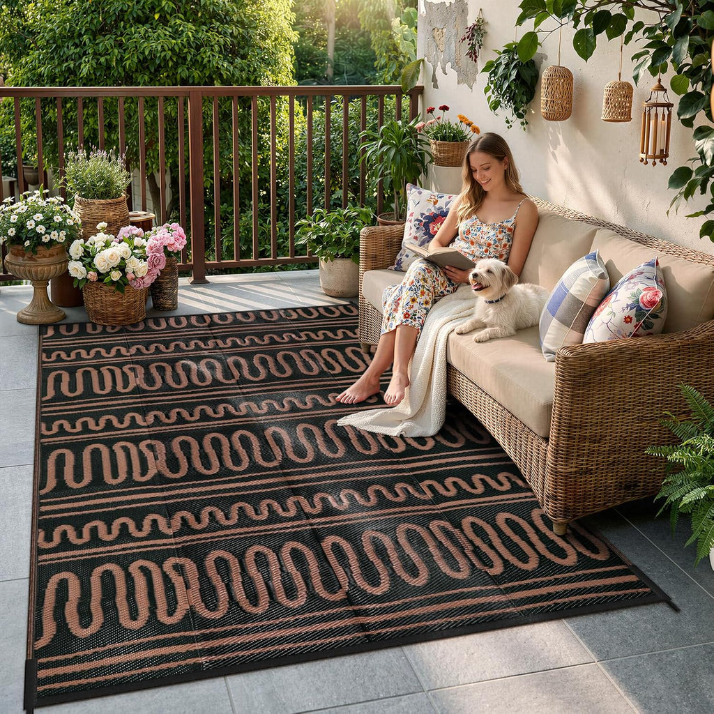 Outdoor Rug Waterproof, Reversible Plastic Straw Rug for Deck, Backyard, RV Camping, Black Brown