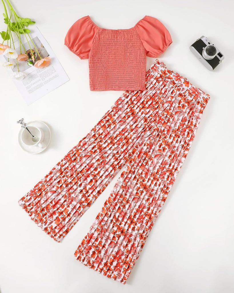 Toddler Girls Clothes Summer Puff Sleeve Smocked Shirt Top Wide Leg Pants Outfits Kids Girl's Clothing Set