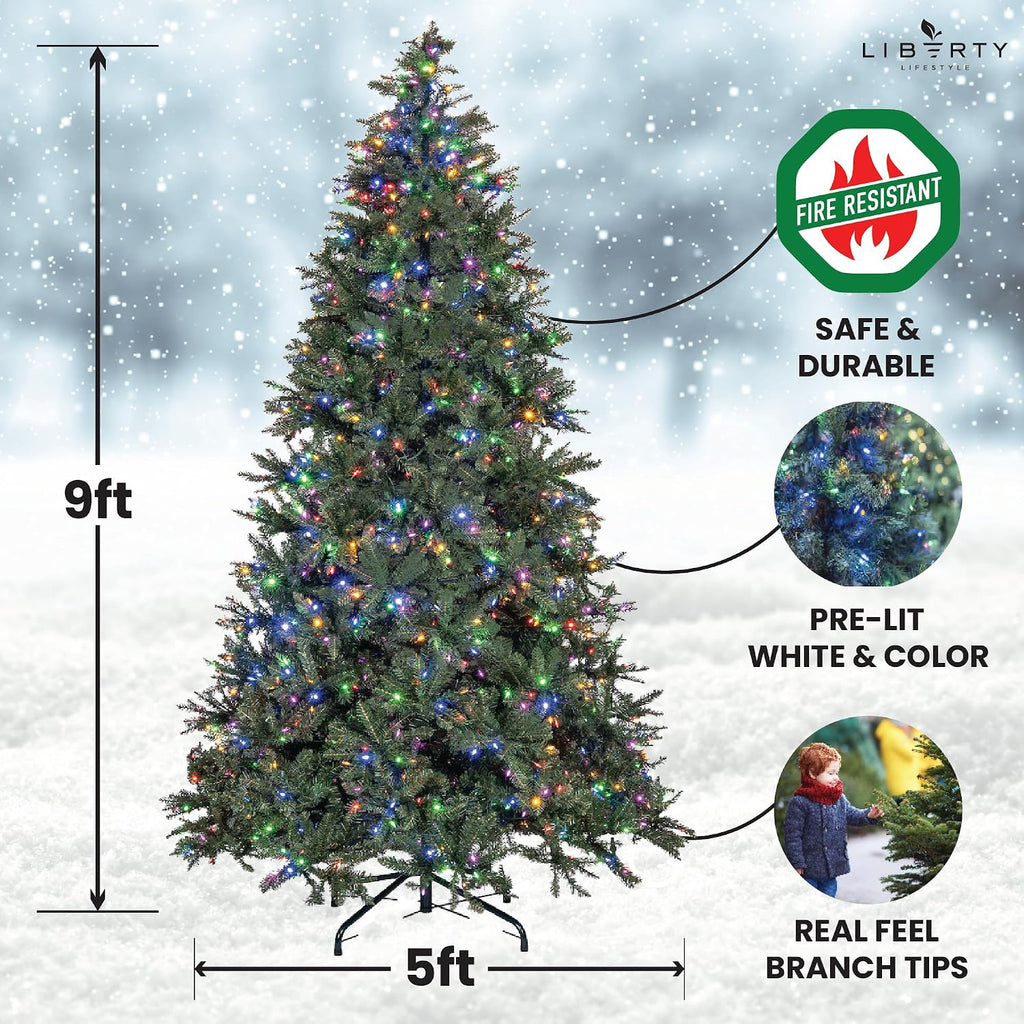 Christmas Tree 9 ft- Pre-Lit White and Multi-Color Premium LED Lights - Artificial Full Christmas Tree Includes
