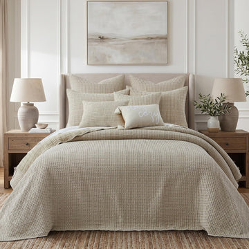 Mills Waffle Bedspread Set (122x106in) with 2 Pillow Shams (36x20in) - Undyed Wheat - Cotton Waffle