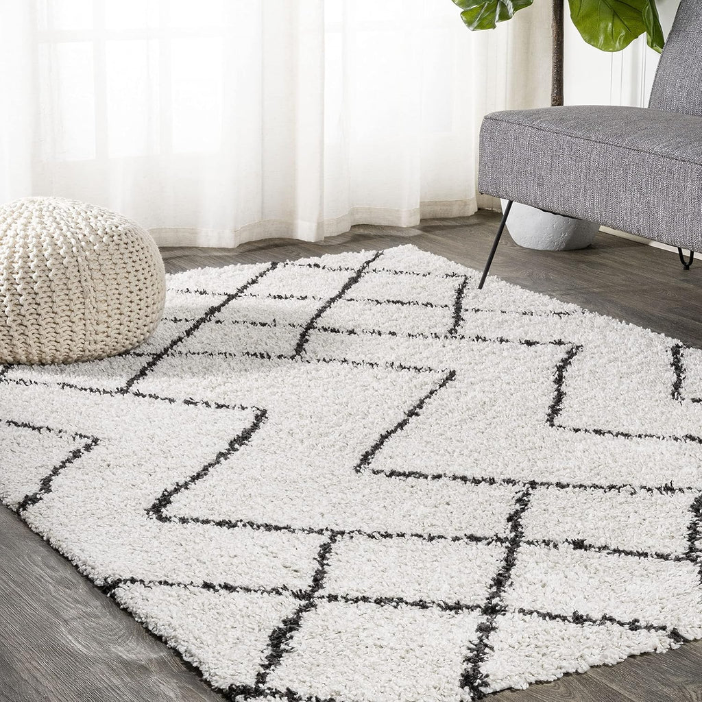 Diamond Shag Beige/Dark Gray Indoor Area Rug, Inca Moroccan, Easy-Cleaning, High Traffic, Pet-Friendly