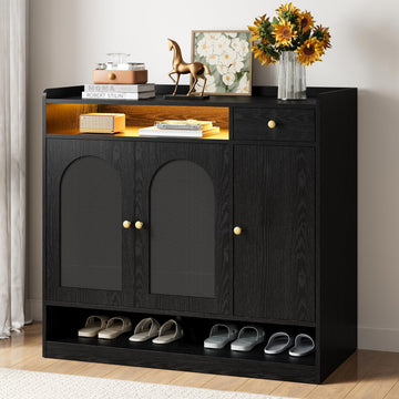 Rattan Shoe Cabinet with 6-Tier Storage, 3 Doors & LED Light