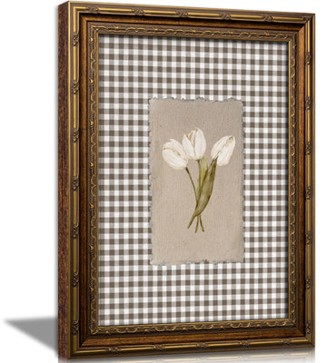Vintage Gold Framed Wall Art, Cottagecore White Tulip Flowers Picture Wall Decor, Brown Gingham Botanical Print