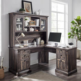 60" L Shaped Executive Desk with Hutch and Drawers, Farmhouse Home Office Desk with Charging Station