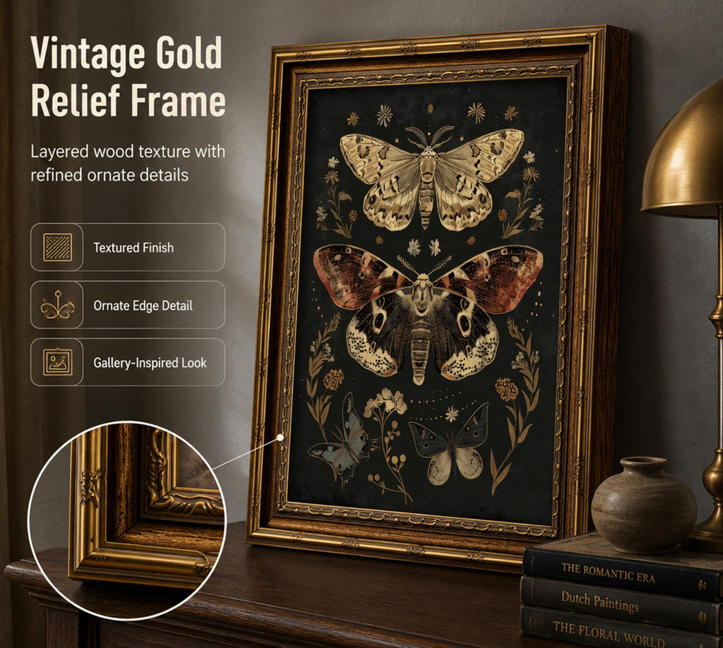 Vintage Gold Framed Wall Art, Retro Moth Framed Wall Art, Dark Botanical Butterfly Canvas Print, Gothic Floral Wall