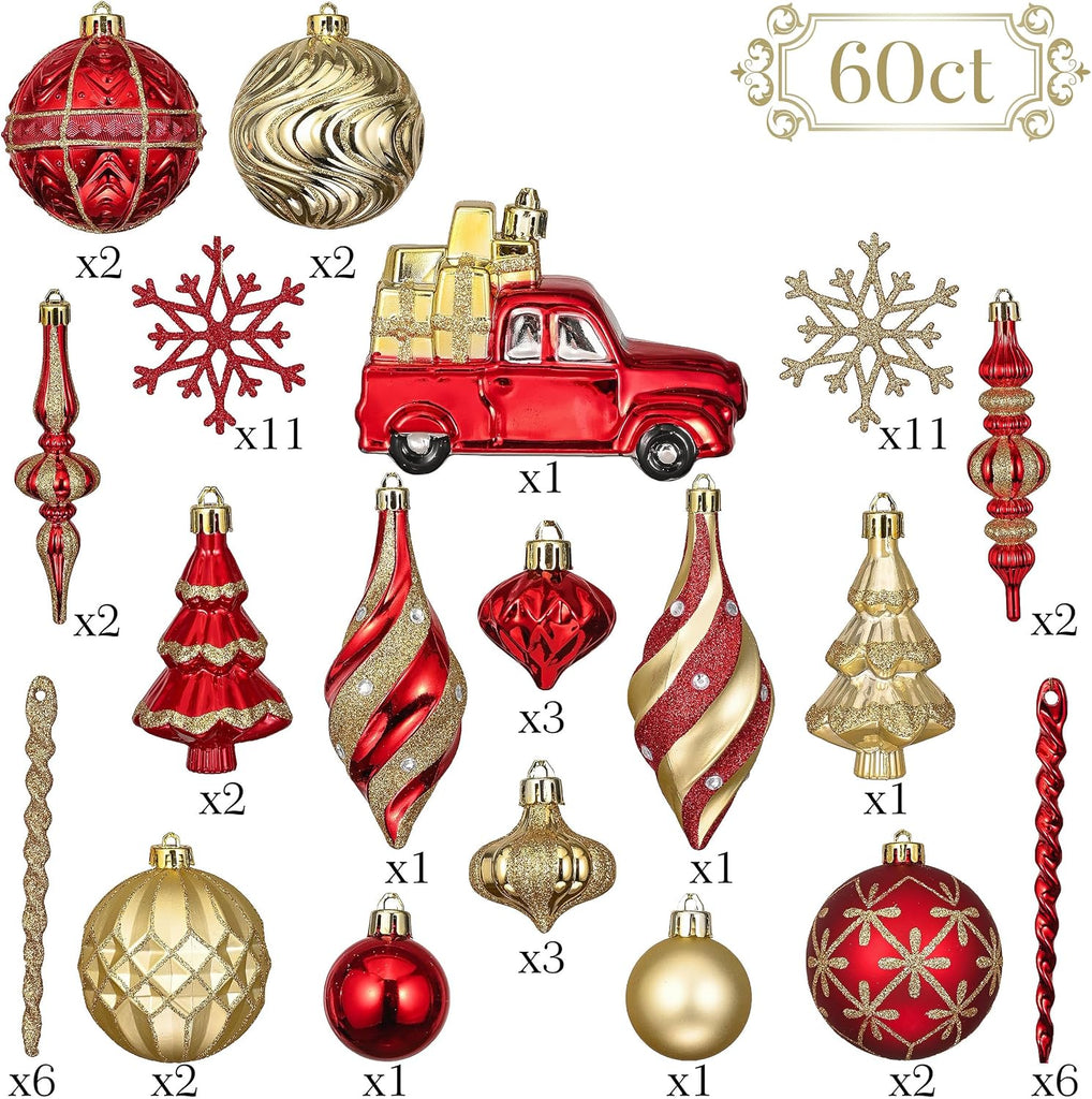 Christmas Ball Ornaments, 60ct Red and Gold Shatterproof Christmas Tree Decorations Set&Lighted Christmas Angel Tree