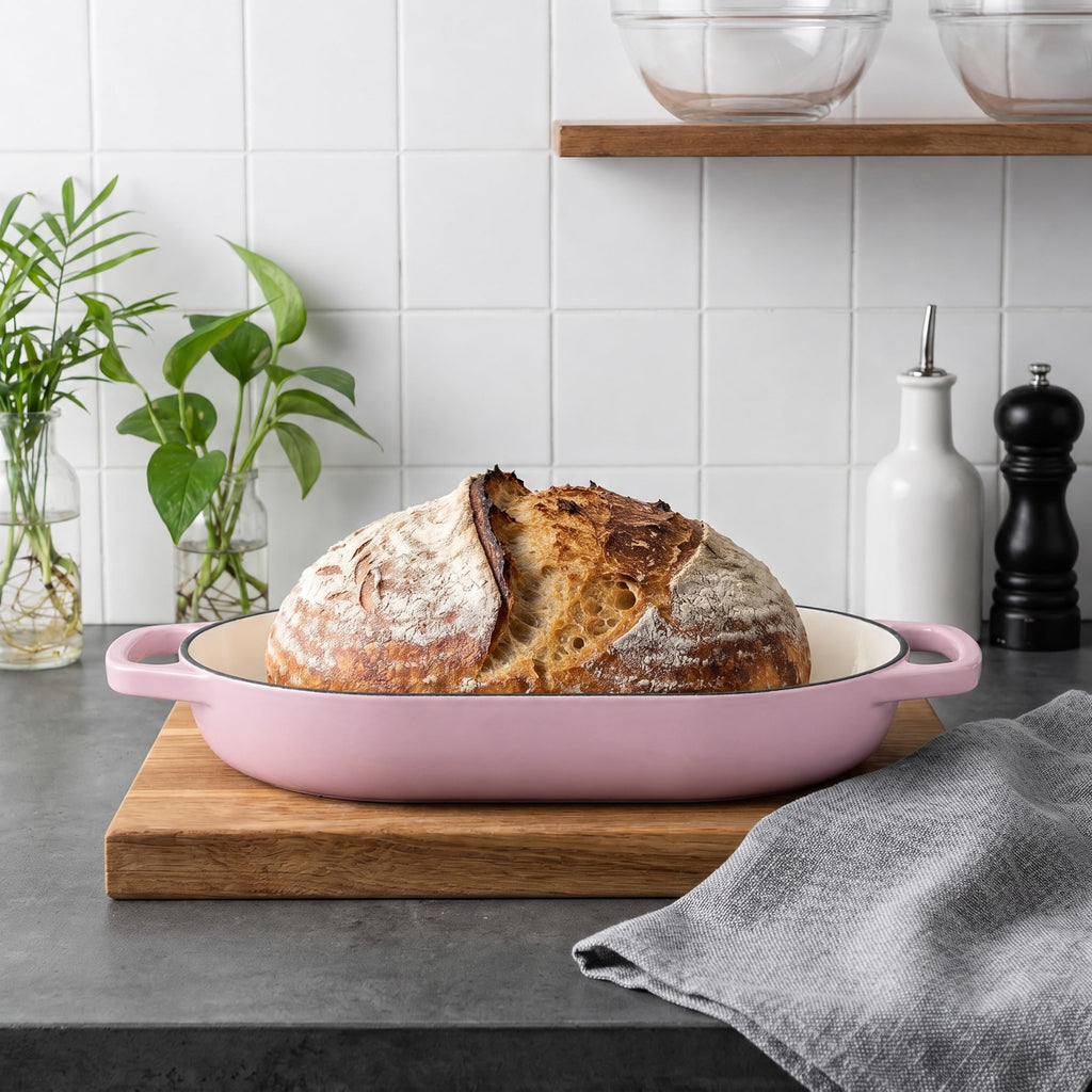 Enameled Cast Iron Dutch Oven Pot with Dome Lid, Oval Bread Oven made Sourdough Bread Baking, Oven Safe up to 500°F