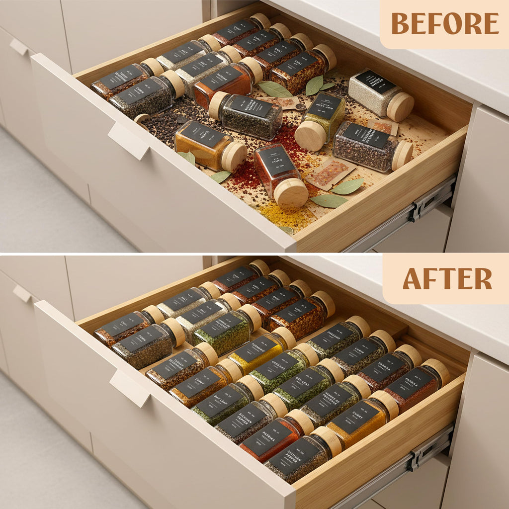 Bamboo Spice Drawer Organizer, Expandable 4 Tier Spice Rack