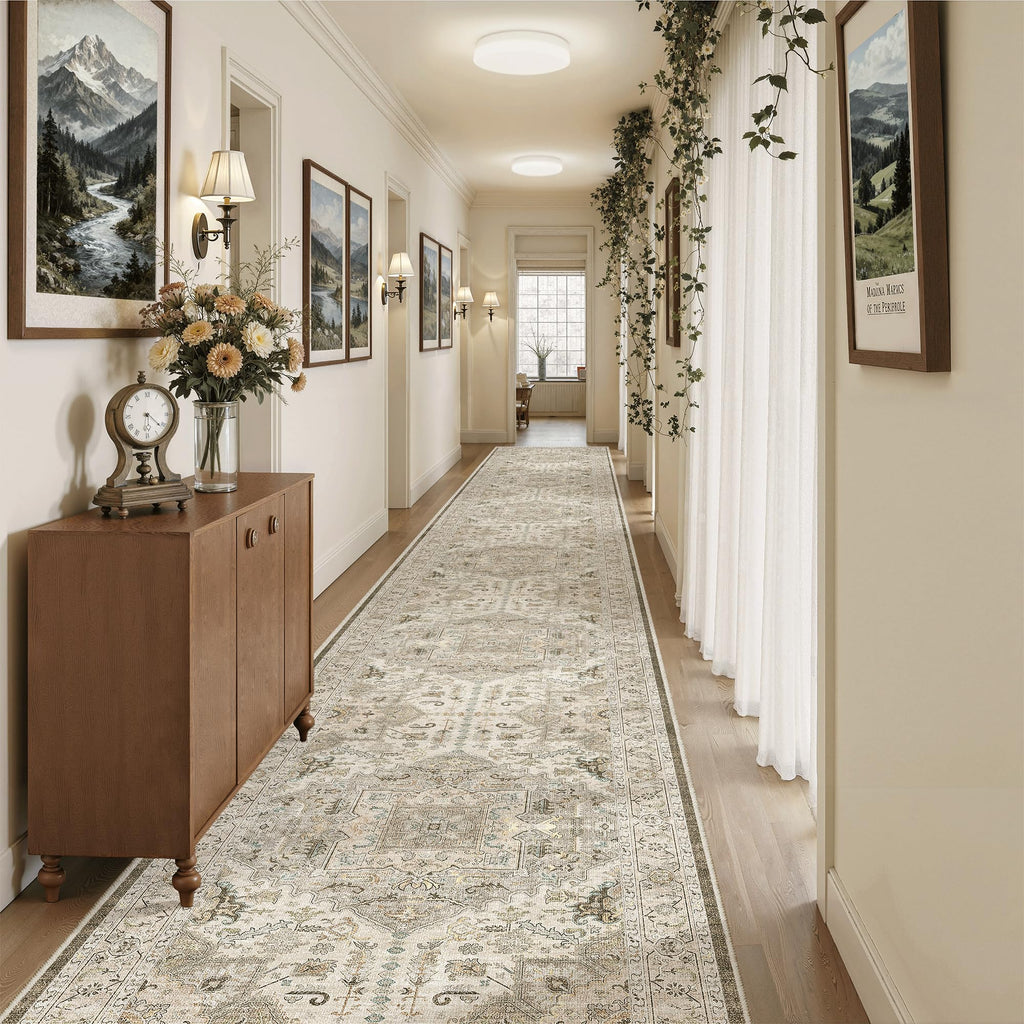 Hallway Runner Rug 3x20 Washable Kitchen Runners 20ft, Ivory/Brown