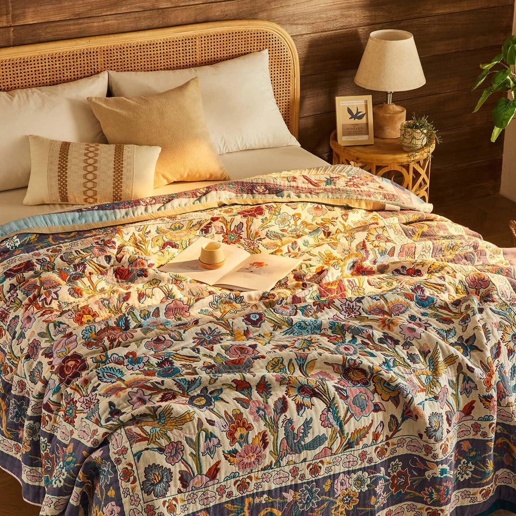 Boho Blanket Soft Muslin Boho Throw Blanket 100% Cotton Blanket All Seasons Reversible Rustic Floral Printed Vintage