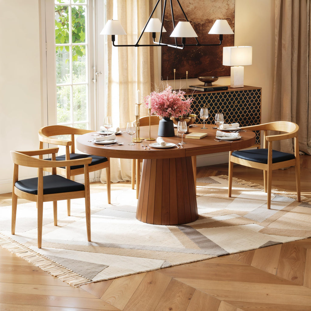 Extendable Dining Table Round to Oval 39"-55", Solid Wood Walnut Kitchen Table for 4-6 People, Space-Saving Design