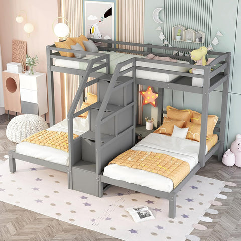 Triple Bunk Bed with Stairs and Storage Staircase, Twin Over Twin & Twin L-Shaped Bunk Bed for 3