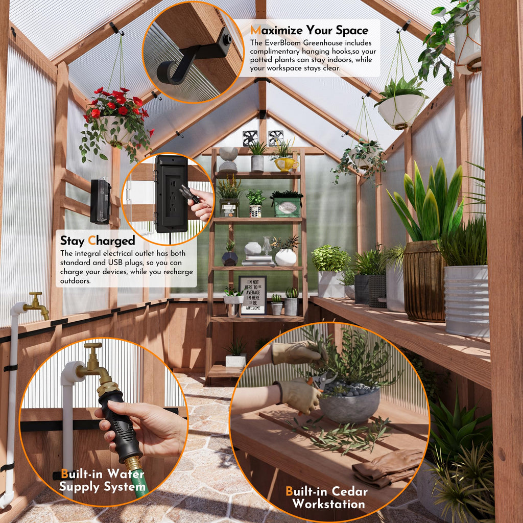 Shade 6.5'x12' Wooden Greenhouse with USB Charging Power Strip