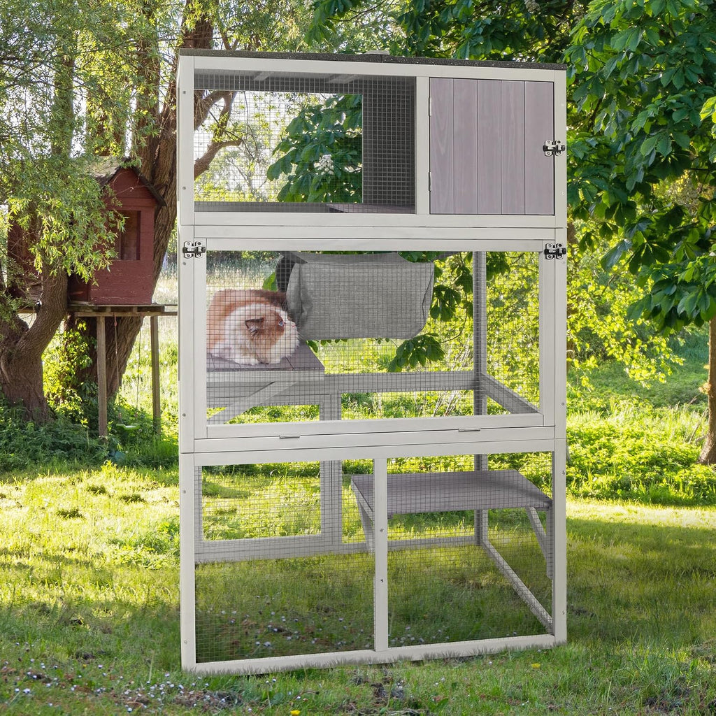 Catio Wooden Outdoor Cat Enclosure with Asphalt Roof, 3 Floors Cat House, Indoor Large Kitten playpen with Hammock &