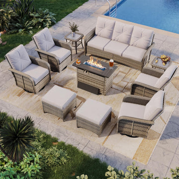 10-Piece Wicker Rattan Patio Furniture Set with 44" Fire Pit Table