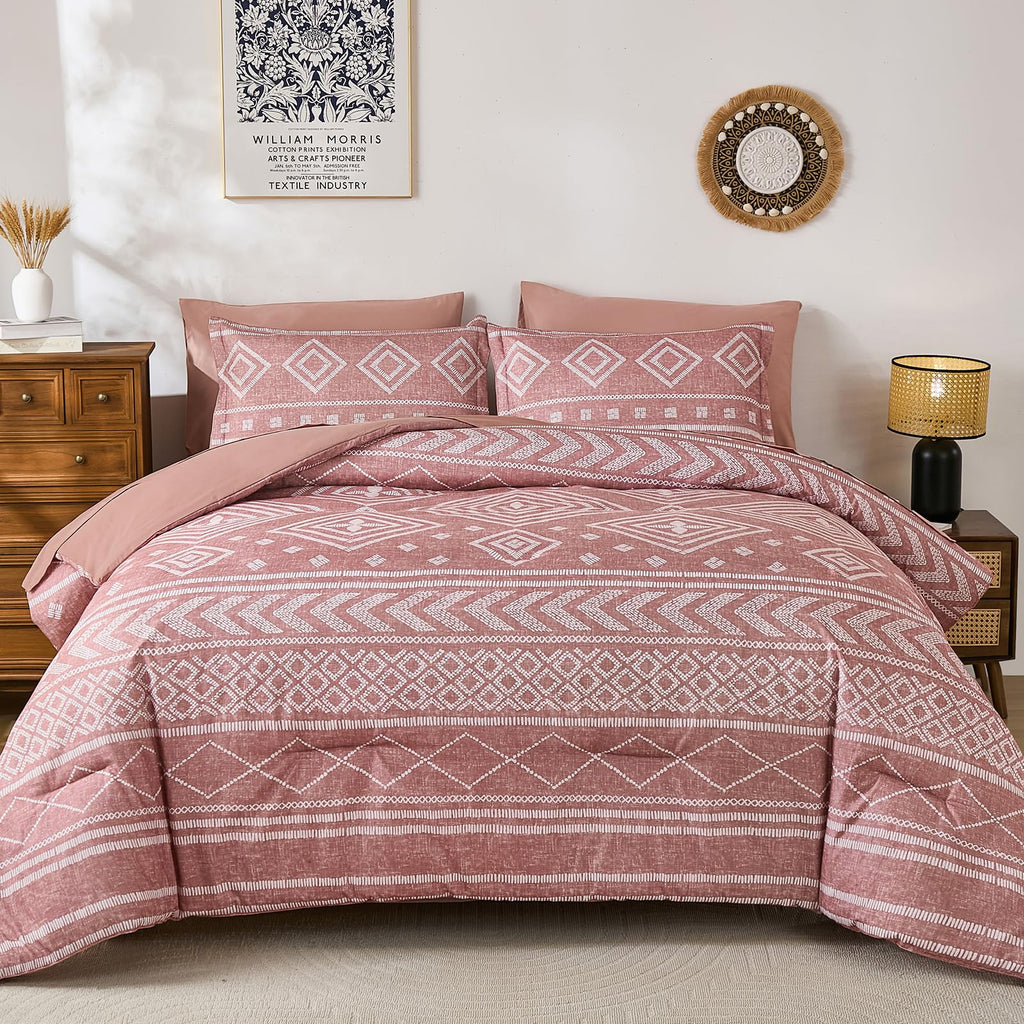 Boho Comforter Set King Size, 7 Pieces Aztec Blush Bed in a Bag