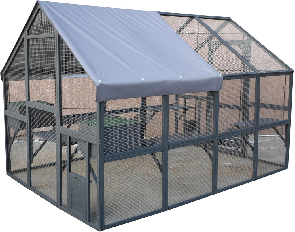Large Wooden Catio Outdoor Cat Enclosure, Walk-in with Roof Cover 110in