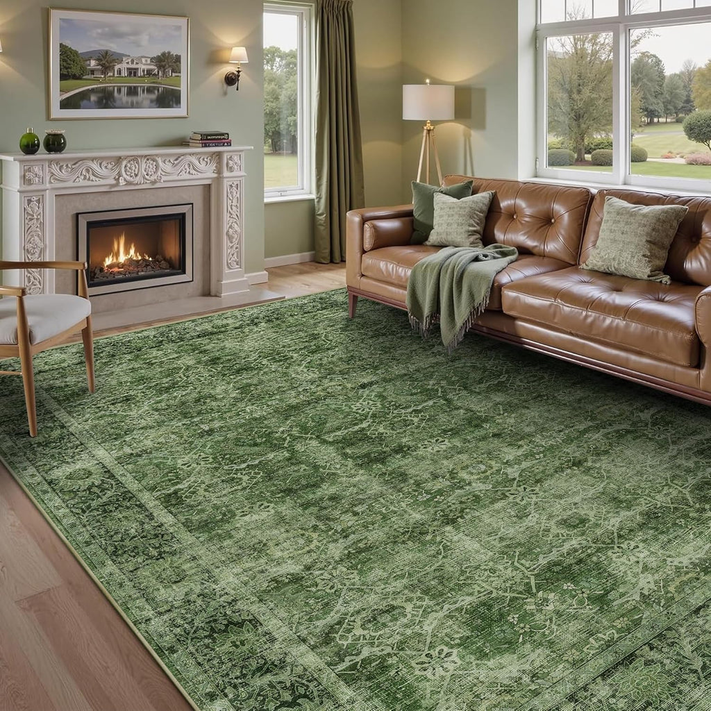 8x10 Washable Area Rug Vintage Green Rug
