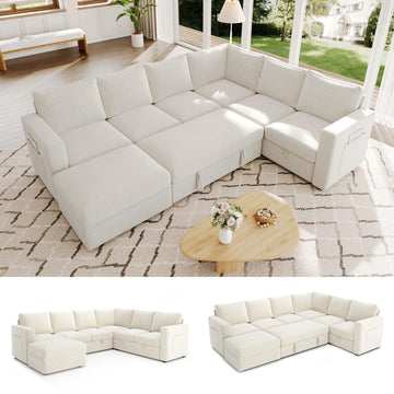 106.7" U-Shaped Modular Sectional Sofa with Pull-Out Bed & Storage, Modern 7-Seat Convertible Couch, Comfy L-Shape