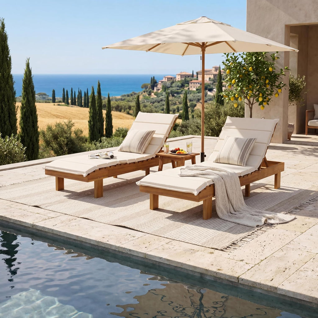 Patio Chaise Lounge Chair with Water-Resistant Cushion Set of 2, 77'' Acacia Wood Adjustable Reclining Chaise
