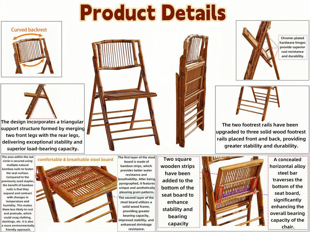 Bamboo Folding Chair, Completely Upgraded Foldable Vintage Dining Chair with 330lb Handcrafted Patio Garden Balcony