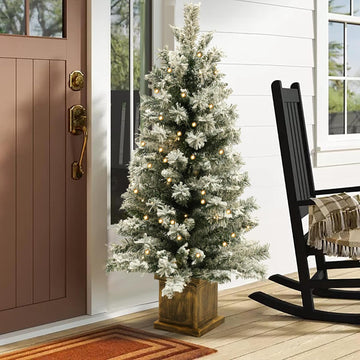 LuxenHome 4FT Prelit Flocked Potted Christmas Tree, Lighted Pencil Tree