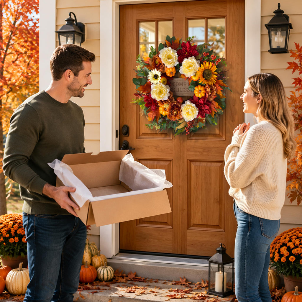 26'' Fall Wreath for Front Door with Light and Timer, Thanksgiving