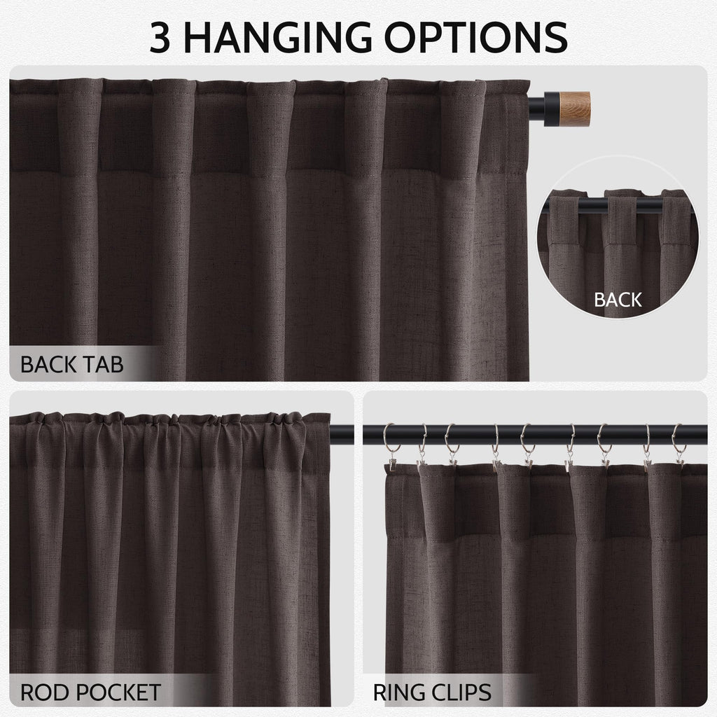 Cocoa Coffee Linen Curtains 72 Inch Long Bedroom Lightweight Door Drapes 2 Panels Set, Semi Sheer Light Filtering