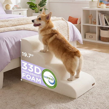 Dog Stairs for Small Dogs, Beige, 4 Step Pet Ramp for Bed and Couch