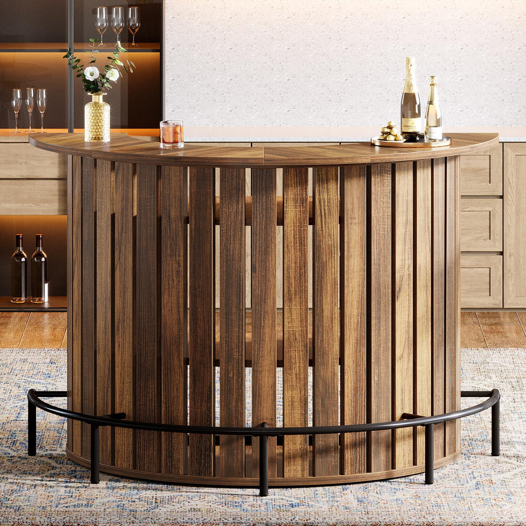 4-Tier Bar Table, 47.24" Mini Home Bar Table with Footrest, Arc-Shaped Modern Bar Cabinet, Rustic Brown