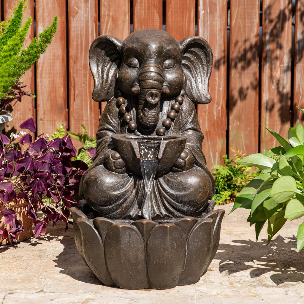 Outdoor Fountains, Water Fountains Outdoor with Lights&Pump, 21.75" H 2-Tiered Zen-Style Bronze Polyresin Elephant