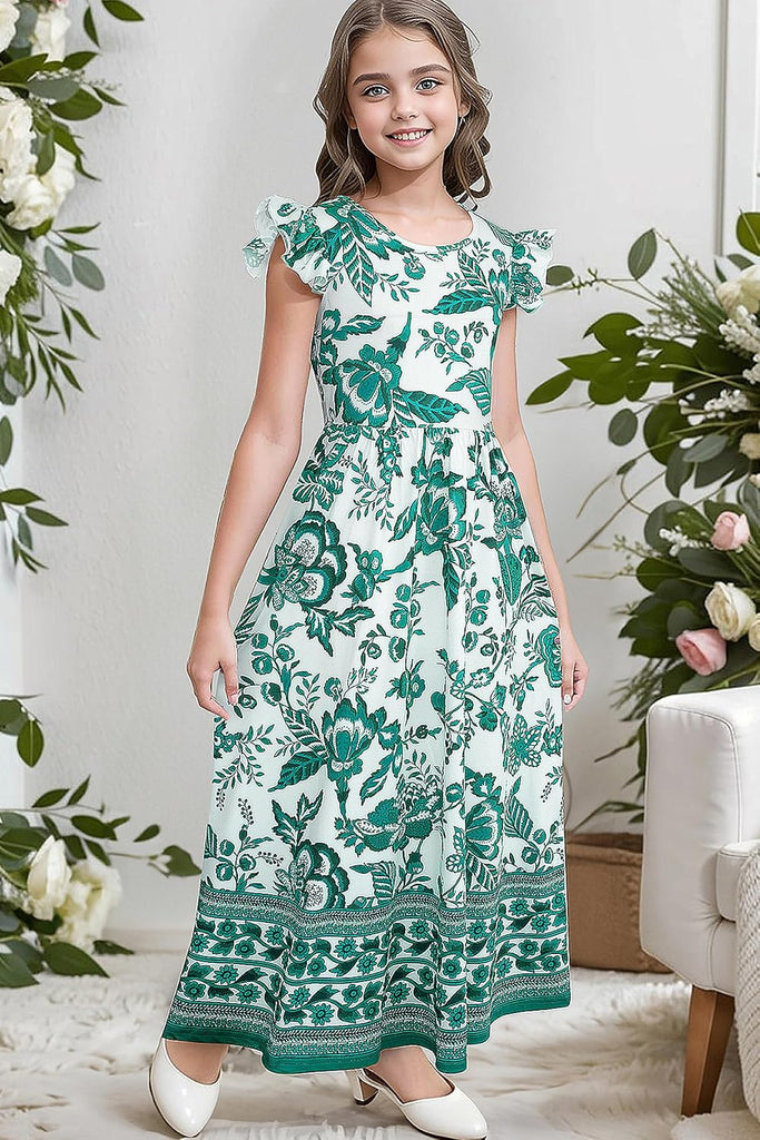 Girl's Summer Boho Floral Flutter Sleeve Casual Maxi Dress