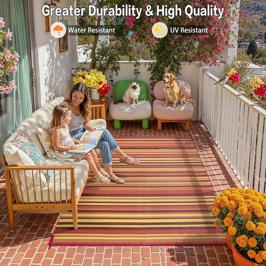 Outdoor Plastic Straw Rug Waterproof Patio 9x12 Red Orange Stripe Mat for Porch Camping RV Balcony D