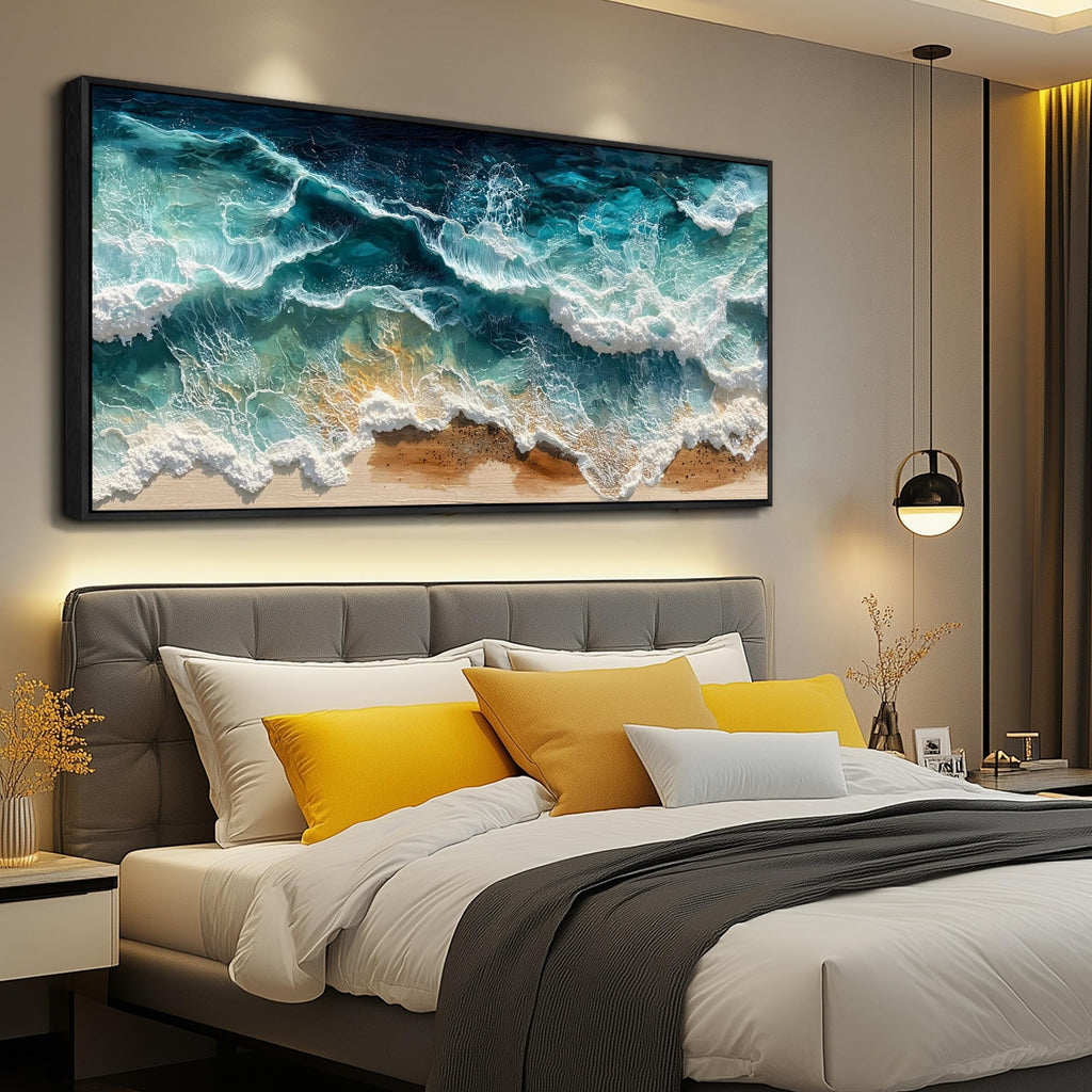 Canvas Wall Art Beach Wall Art Framed Wall Decor Ocean Wave Canvas Art Prints, Aerial View Sea Paintings Pictures