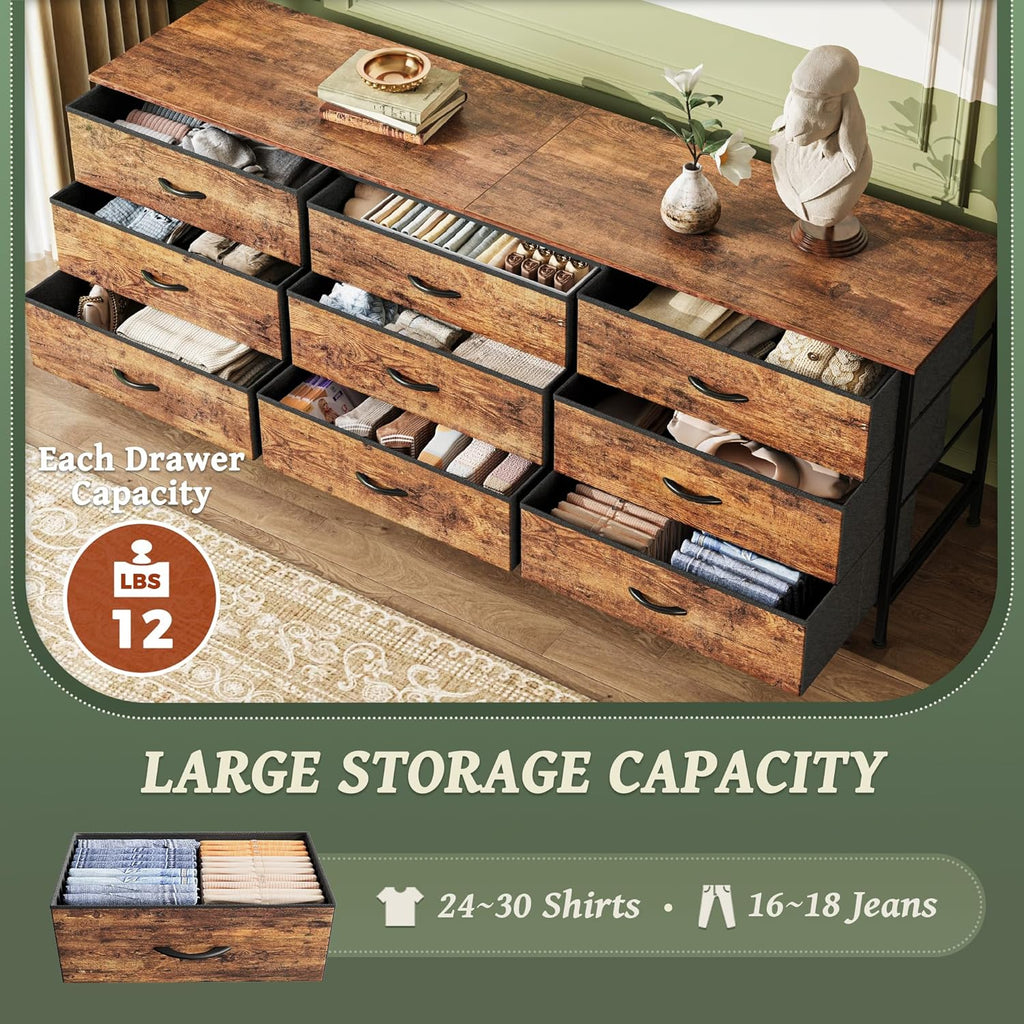 63 Inch Dresser , Dresser for Closet with 9 Fabric Drawers, Large TV Stand for 55, 65, 70 Inch TV, Entertainment