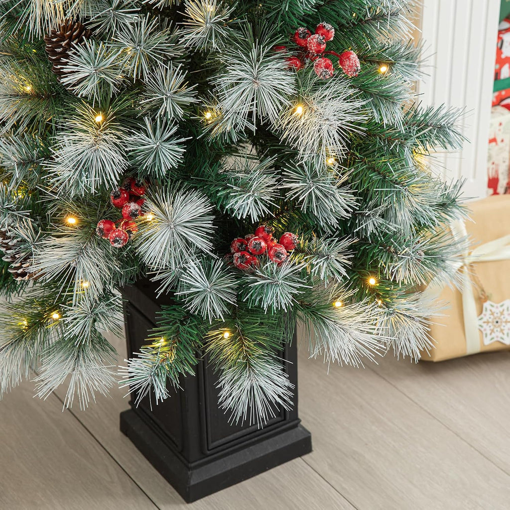 2PK 5ft Pre-Lit Christmas Tree with 150 Warm White Lights,Potted Artificial Christmas Tree w/286 Pine Needle&PVC