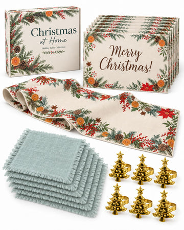 19-Piece Christmas Table Decor Set with Runner, Placemats & Napkin Rings