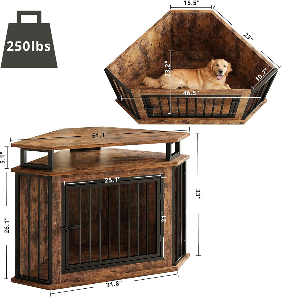 Large Corner Dog Crate Furniture with 2-Tier Storage Shelves
