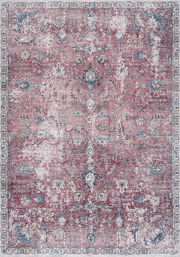 Wentworth Machine Washable Area Rug - Floral Distressed Border Medallion Faded - Traditional Oriental Vintage